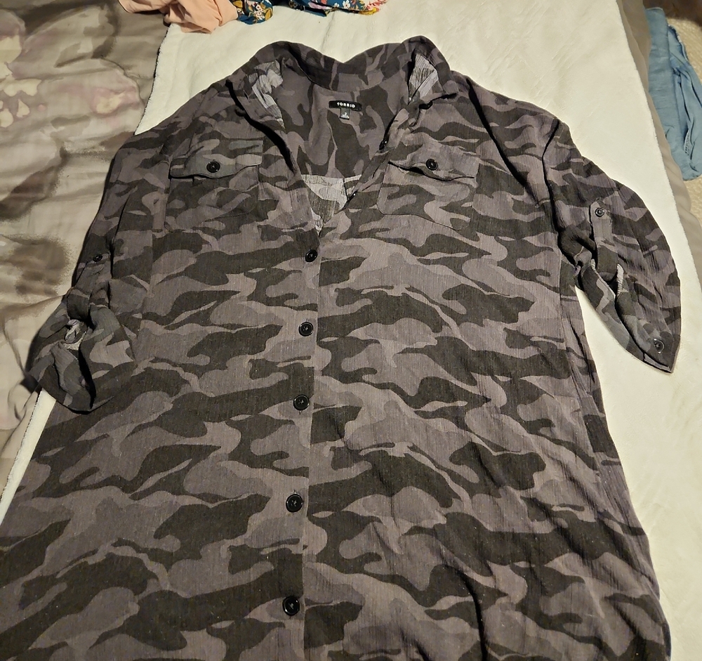torrid Grey Camouflage Lightweight Button-Up Shirt Jacket